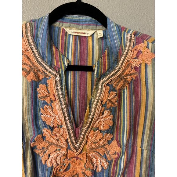 Soft Surroundings Top XS Striped Embroidered Beaded Cotton Tunic Long Sleeve - Picture 4 of 9